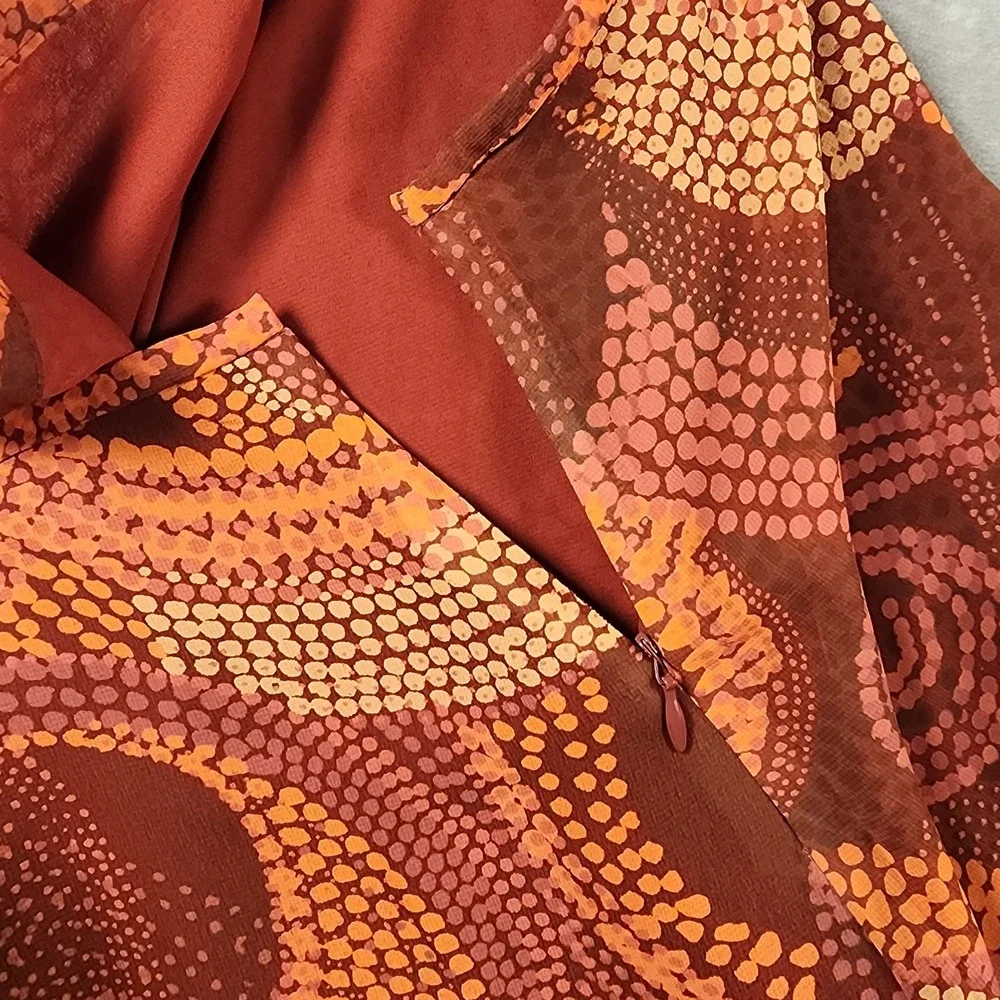 Abstract Swirl Print Midi Skirt Size M Burgundy Orange Flared Ruffle